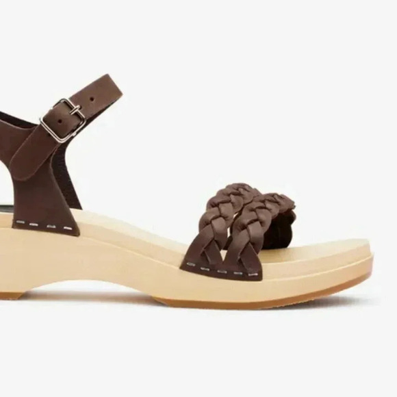Swedish Hasbeens Brown Sandals Tan Wooden Leather Open Toe Clogs Size 40 US 10 - Picture 2 of 12